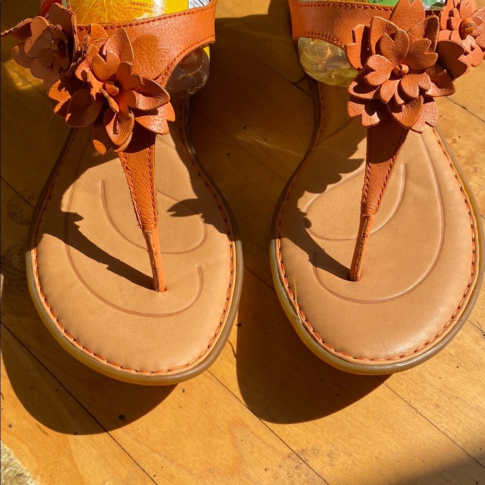 Born orange  and tan  Sandals with Floral Embellishments